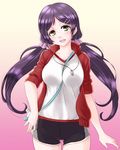  :d breasts green_eyes gym_shorts gym_uniform hair_ornament hairclip ishiko_(ishihishinishi) jacket long_hair love_live! love_live!_school_idol_project medium_breasts open_clothes open_jacket open_mouth purple_hair shorts smile solo toujou_nozomi track_jacket twintails whistle 