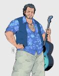  1boy abs absurdres adachi_koichi alternate_costume bara beard_stubble belly facial_hair grey_hair guitar hawaiian_shirt highres holding holding_guitar holding_instrument instrument jewelry looking_at_viewer mature_male mustache_stubble navel navel_hair necklace old old_man pectoral_cleavage pectorals plump ryuu_ga_gotoku_(series) ryuu_ga_gotoku_7 shirt short_hair smile solo standing stubble syrupmancer vest wrinkled_skin 