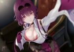  1girl black_choker bra breasts chark14 choker cleavage clothes_pull collared_shirt gloves hair_between_eyes highres honkai:_star_rail honkai_(series) kafka_(honkai:_star_rail) large_breasts light_particles long_sleeves looking_at_viewer pink_lips purple_eyes purple_gloves purple_hair red_bra selfie shirt smile solo strap sunglasses taking_picture underwear white_shirt 