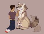 aevris bottomwear canid canine canis claws clothed clothing countershade_face countershade_fur countershading coywolf duo feral footwear fur hair human hybrid male mammal pants paws quadruped shirt smile socks tail tail_motion tailwag topwear whiskers xantho_(aevris)