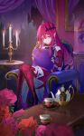  00kashian00 1girl absurdres baobhan_sith_(fate) baobhan_sith_(first_ascension)_(fate) bare_shoulders blush boots candle candlestand chair closed_mouth cup detached_sleeves dress fate/grand_order fate_(series) flower frilled_dress frills full_body grey_eyes hair_ornament high_heels highres holding holding_pillow indoors long_hair looking_at_viewer nail_polish pillow pink_flower pink_hair pointy_ears red_dress red_flower red_footwear red_nails sidelocks sitting solo table teacup teapot thigh_boots 
