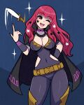  1girl akairiot black_cape bodysuit breasts cape choker cleavage clothing_cutout covered_navel facial_mark fire_emblem fire_emblem_engage hair_ornament highres knife large_breasts long_hair looking_at_viewer one_eye_closed open_mouth red_eyes red_hair simple_background smile solo star_(symbol) star_facial_mark star_hair_ornament thighs throwing_knife weapon yunaka_(fire_emblem) 
