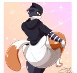 absurd_res anthro beanie big_diaper clean_diaper clothing diaper domestic_cat epic_games extremius_amphibious felid feline felis female fortnite hat headgear headwear hi_res holding_leg hoodie looking_back mammal meow_skulls_(fortnite) pawpads piercing raised_leg rear_view solo thick_thighs topwear underwear