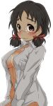  1girl asano_fuka black_hair blush bow breasts brown_eyes closed_mouth dot_nose from_side glasses gorohati hair_bow hair_ribbon highres idolmaster idolmaster_cinderella_girls idolmaster_cinderella_girls_starlight_stage large_breasts long_sleeves looking_at_viewer low_twintails naked_shirt open_clothes open_shirt red_ribbon ribbon shirt short_hair shy simple_background solo twintails upper_body white_background white_shirt 
