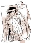  2boys abs artist_name coat collared_coat disembodied_limb facial_hair goatee golden_kamuy hand_up hat highres holding hood hood_down long_sleeves looking_to_the_side male_focus military_hat monochrome multiple_boys no_shirt pants pectorals photo_(object) scar scar_on_chest scar_on_stomach short_hair signature solo_focus standing toned toned_male tsukishima_hajime tsuruko_turuta very_short_hair 