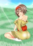  1girl adahcm ass bare_shoulders blush breasts brown_eyes brown_hair erika_(pokemon) from_behind grass gym_leader hairband japanese_clothes large_breasts light_smile looking_at_viewer off_shoulder pokemon shiny shiny_skin short_hair sitting smile socks wariza 
