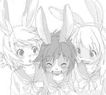  anthro arm_around_shoulders arm_over_shoulder black_and_white blush clothed clothing female floppy_ears fur greyscale group group_hug hair happy kikurage lagomorph long_hair mammal monochrome plain_background rabbit ribbons sailor_uniform short_hair side_look teeth white_background young 