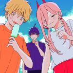  &gt;_&lt; 1girl 2boys alternate_hairstyle blonde_hair blue_sky brown_eyes chainsaw_man closed_eyes cloud commentary_request denji_(chainsaw_man) food gurukousu hair_between_eyes hair_tie hayakawa_aki highres holding holding_food holding_popsicle horns low_twintails multiple_boys orange_eyes orange_shirt pink_hair popsicle power_(chainsaw_man) purple_hair purple_shirt red_horns shirt single_sidelock sky t-shirt topknot twintails 