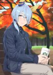  1girl absurdres alternate_costume animal_ears autumn_leaves bespectacled black_shirt blue_hair blue_jacket blurry blurry_background brown_pants coffee_cup commentary_request cup disposable_cup ear_covers ear_ornament glasses hair_ornament highres holding holding_cup horse_ears horse_girl jacket k.s.miracle_(umamusume) kumabachi315 light_blue_hair long_sleeves medium_hair on_bench open_clothes open_jacket outdoors pants purple_eyes semi-rimless_eyewear shirt short_ponytail sitting solo tree umamusume upper_body wooden_bench 