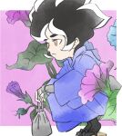  1boy bag black_hair flower from_side holding holding_bag leaf multicolored_hair official_art purple_background serious squatting takeuchi_kou third-party_source two-tone_hair warioware warioware:_get_it_together! young_cricket 