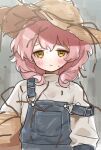  1girl alternate_costume blue_overalls blush friedbirdchips frown grey_background happy_saint_sheol hat maya_elbeth medium_hair orange_eyes overalls pink_hair solo straw_hat sweatdrop sweater upper_body 