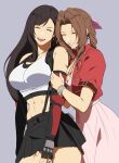  2girls abs absurdres aerith_gainsborough arm_hug black_gloves black_hair black_skirt braid braided_ponytail breasts brown_hair closed_eyes cropped_jacket dress drill_hair final_fantasy final_fantasy_vii fingerless_gloves forehead gloves grey_background grin hair_ribbon highres igusaharu jacket large_breasts long_hair midriff multiple_girls muscular muscular_female open_mouth pink_dress pink_ribbon red_jacket ribbon short_sleeves sidelocks simple_background skirt smile suspenders tank_top teeth tifa_lockhart very_long_hair white_tank_top 