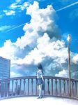  arms_behind_back bag black_hair building cloud condensation_trail day highres kouji_(astral_reverie) lamppost long_hair original plaid plaid_skirt profile school_bag school_uniform serafuku skirt sky socks solo standing white_legwear 