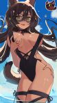  1girl :d absurdres animal_ears black_one-piece_swimsuit blue_sky breasts brown_hair cat_ears cat_girl cat_tail cleavage cloud day english_commentary facepaint fang grabbing_own_breast hair_between_eyes hand_on_own_hip highres hunter_slime_(slime_rancher) large_breasts long_hair one-piece_swimsuit open_mouth outdoors personification reference_inset reiko_lape skin_fang sky slime_rancher smile solo swimsuit tail wading water yellow_eyes 