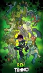  1boy 6+boys absurdres alien ben_10 ben_tennyson black_footwear brown_hair bumblesteak claws clenched_hand crystal english_commentary english_text gauntlets green_background green_eyes highres kirby_krackle male_focus multiple_boys nose omnitrix running shoes short_hair simple_background smile tentacles 