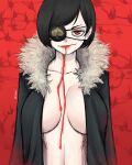  1girl absurdres black_cape black_clover black_hair blood blood_from_mouth breasts cape eyepatch fur_cape highres large_breasts limn044 looking_at_viewer red_background red_eyes short_hair smile solo spade_(shape) vanica_zogratis 