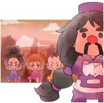  1girl 3boys black_eyes black_hair blue_pants blue_shirt brown_hair chinese_clothes cicada_(warioware) cloud crossed_arms double_bun hair_bun hat long_hair master_mantis mountainous_horizon multiple_boys official_art pants purple_headwear purple_pants red_nose shirt takeuchi_kou third-party_source topknot warioware warioware:_get_it_together! young_cricket 