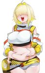  1girl :3 belly_grab bibie307 blonde_hair blush breasts clothes_writing crop_top detached_sleeves elegg_(nikke) facing_viewer fang goddess_of_victory:_nikke grey_shorts hair_intakes hair_over_eyes hands_on_own_stomach highres large_breasts midriff open_mouth short_hair short_shorts shorts simple_background solo white_background 