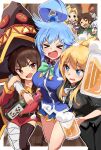  &gt;_&lt; 1boy 5girls absurdres alcohol aqua_(konosuba) arm_around_neck asymmetrical_legwear bandaged_leg bandages beer beer_mug belt black_belt black_cloak black_headwear black_pants black_shirt black_thighhighs blonde_hair blouse blue_hair blue_shirt blue_sky bottle bow bowtie brooch brown_hair capelet chris_(konosuba) cloak closed_eyes commentary cropped_legs cup darkness_(konosuba) dress drunk frown green_bow green_bowtie green_capelet grey_hair hair_ornament hat highres holding holding_bottle holding_cup jewelry kono_subarashii_sekai_ni_shukufuku_wo! long_hair long_sleeves looking_at_another luna_(konosuba) megumin microskirt mismatched_legwear mug multiple_girls neck_ribbon notice_lines open_mouth outline pants pleated_skirt ponytail red_eyes ribbon rokochandayo satou_kazuma shirt short_dress short_hair single_hair_ring skirt sky smile standing sweatdrop thighhighs white_outline white_ribbon witch_hat 