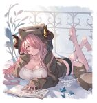  1girl ass ayacho barefoot blue_eyes blush book breasts brown_hoodie cleavage collarbone draph feet feet_up granblue_fantasy hair_over_one_eye hand_on_own_cheek hand_on_own_face highres hood hoodie horns large_breasts long_hair looking_at_viewer lying narmaya_(granblue_fantasy) on_stomach pink_hair pointy_ears soles solo stuffed_toy thighs toes very_long_hair 