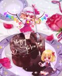  2girls absurdres ascot blonde_hair bloomers cake crystal_wings dress flandre_scarlet flower food fork frills hair_ribbon happy_valentine hat hat_ribbon highres mob_cap multiple_girls open_mouth petals plate red_ascot red_dress red_eyes red_flower red_ribbon red_rose ribbon rose rose_petals rumia shina_(kabocha0906) sparkle touhou yellow_ascot 