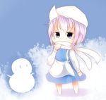  bikuseno blue_background blue_eyes chibi hat letty_whiterock purple_hair scarf short_hair snowman solo touhou white_scarf 