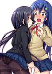  1girl ass black_hair black_legwear blue_hair blush brown_eyes crossdressing crotch_grab date_a_live groping highres itsuka_shiori long_hair okatora open_mouth otoko_no_ko panties panties_under_pantyhose pantyhose red_eyes school_uniform skirt smile thighband_pantyhose tokisaki_kurumi underwear 