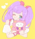  ._. 1girl ;d animal_hug bare_shoulders blush bow commentary cropped_torso green_eyes hair_bow heart highres kuma_(pripara) long_hair manaka_laala nojima_minami one_eye_closed open_mouth pink_bow pretty_series pripara purple_hair simple_background smile solo stuffed_animal stuffed_toy symbol-only_commentary teddy_bear twintails upper_body yellow_background 