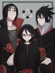  1girl 2boys akatsuki_uniform black_hair boruto:_naruto_next_generations brothers cloak father_and_daughter forehead_protector glasses headband highres konohagakure_symbol looking_at_viewer multiple_boys naruto_(series) naruto_shippuuden oversized_clothes red_eyes sharingan short_hair siblings spiked_hair time_paradox uchiha_itachi uchiha_sarada uchiha_sasuke upper_body yokomz08 