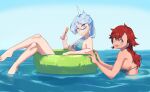  2girls :d aqua_bikini bare_legs barefoot bikini blue_eyes blue_hair breasts closed_mouth crossed_legs dark-skinned_female dark_skin food grey_bikini gundam gundam_suisei_no_majo hair_between_eyes highres holding holding_food holding_popsicle horizon innertube legs long_hair looking_at_viewer miorine_rembran multiple_girls ocean open_mouth outdoors partially_submerged popsicle purple_eyes r_bishh red_hair ripples sideboob sky small_breasts smile suletta_mercury swim_ring swimsuit teeth thick_eyebrows toes upper_body upper_teeth_only water yuri 