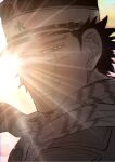  1boy backlighting black_hair brown_eyes corrupted_twitter_file golden_kamuy grin hat highres inochigaketora lens_flare looking_at_viewer male_focus monochrome multicolored_background portrait scar scar_on_face scarf sideburns smile solo striped_clothes striped_scarf sugimoto_saichi 