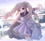  1girl bandaid bandaid_on_face bandaid_on_forehead bandaid_on_knee bandaid_on_leg blue_scarf blurry blurry_background blush coat coat_on_shoulders duffel_coat feet_out_of_frame floating_hair grey_coat grey_hair highres idolmaster idolmaster_shiny_colors long_hair nemuri_(ppxxxk) outdoors purple_eyes purple_skirt ribbed_shirt scarf shirt skirt smile snow snowing solo twintails very_long_hair white_shirt yukoku_kiriko 