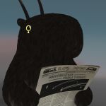  black_fur commentary creature english_commentary english_text highres holding holding_newspaper horns newspaper no_humans original outdoors tears yellow_eyes zevania 