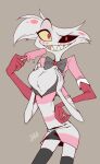 absurd_res angel_dust animal_humanoid arachnid arachnid_humanoid arthropod arthropod_humanoid clothed clothing food fur grey_background hazbin_hotel hi_res humanoid male popsicle red_eyes shaolin_bones simple_background smile solo spider_humanoid white_body white_fur yellow_sclera