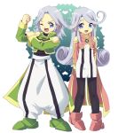  1boy 1girl black_pantyhose blue_eyes brother_and_sister dio_(tales) full_body grey_hair headband long_hair looking_at_viewer mel_(tales) murata_tefu open_mouth pantyhose siblings smile tales_of_(series) tales_of_phantasia tales_of_phantasia:_narikiri_dungeon_x white_hair 