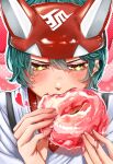  biting blush doughnut eating food fox_mask green_hair hair_between_eyes half_mask highres holding holding_food japanese_clothes kiriko_(overwatch) mask miko overwatch overwatch_2 pink_background si_mone_1204 yellow_eyes 