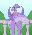 anthro anus balcony butt detailed_background dragon female genitals hi_res looking_aside membrane_(anatomy) membranous_wings mythological_creature mythological_scalie mythology outside pendant plant purple_body pussy rear_view reversal_of_the_heart scalie sharkinwaves solo tree wings