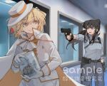  2girls absurdres ascot black_gloves black_hair blonde_hair boater_hat bright_pupils cape chest_harness chinese_commentary collared_shirt commentary_request fingerless_gloves gloves grey_pants grey_shirt gun handgun harness highres holding holding_gun holding_weapon indoors inoue_takina jacket long_hair long_sleeves lycoris_recoil medium_hair multiple_girls nishikigi_chisato open_mouth orange_cape orange_eyes pants parted_lips purple_eyes sample_watermark shirt smile two-sided_cape two-sided_fabric watermark weapon white_ascot white_cape white_gloves white_headwear white_jacket white_pants white_pupils window yanlingjinshilihuahua 