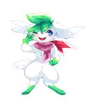 3_toes 4_fingers aishasoup ambiguous_gender anthro black_nose blush chest_tuft feet fingers flower fur generation_4_pokemon gesture green_body green_fur green_hair greeting hair hand_gesture hi_res legendary_pokemon nintendo open_mouth plant pokemon pokemon_(species) scarf shaymin sky_forme_shaymin solo teeth toes tongue tuft v_sign white_body white_fur