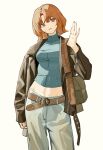  1girl bag belt brown_eyes brown_hair highres jacket kimura_731 leather leather_jacket looking_up messenger_bag midriff original pants short_hair shoulder_bag solo turtleneck white_background 