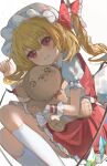  1girl blonde_hair cowboy_shot flandre_scarlet frills hat highres mob_cap puffy_short_sleeves puffy_sleeves red_eyes red_ribbon ribbon short_sleeves side_ponytail simple_background smile solo stuffed_animal stuffed_toy teddy_bear thighhighs thighs touhou user_ptvs3537 white_background white_thighhighs 