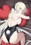  1girl absurdres ass back bare_shoulders black_bow blue_eyes blush bow braid breasts fate/grand_order fate_(series) french_braid grey_hair hair_bow highres large_breasts long_hair looking_at_viewer looking_back morgan_le_fay_(fate) okuma707 playboy_bunny ponytail sidelocks solo thighs very_long_hair 