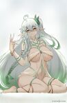  1girl bare_shoulders body_markings breasts cleavage collarbone genshin_impact green_eyes highres hioyami large_breasts long_hair looking_at_viewer navel pointy_ears rukkhadevata_(genshin_impact) smile solo thighs white_hair 