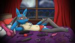  absurd_res anthro ball_gag bed bedroom_eyes blindfold briefs bulge clothing cuff_(restraint) curtains dildo furniture gag generation_4_pokemon hand_behind_head hand_on_leg handcuffs hi_res knotted_dildo looking_at_viewer lounging lube lube_bottle lucario male metal_cuffs narrowed_eyes navel nintendo paddle pillow pokeball pokeball_clothing pokemon pokemon_(species) pokemon_clothing pokemon_underwear prostate_stimulator raised_knee restraints rope seductive sex_toy smile solo speedo swimwear tacomytaco underwear vibrator wand_vibrator 