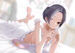  1girl absurdres bare_arms barefoot black_hair blurry blurry_background brown_eyes closed_mouth collarbone dress feet feet_up flat_chest forehead heart heart_hands highres indoors j.c.14 kobayakawa_rinko looking_at_viewer love_plus lying maid maid_headdress midriff on_stomach parted_bangs short_hair smile soles solo the_pose toes valentine white_dress 
