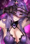  1girl absurdres bare_shoulders black_gloves black_swan_(honkai:_star_rail) breasts cleavage commentary gloves highres honkai:_star_rail honkai_(series) jewelry large_breasts long_hair looking_at_viewer nyctea_snow purple_eyes purple_hair purple_lips ring smile solo upper_body veil very_long_hair 