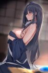  1girl 258n absurdres black_hair blush breasts clothes_pull dress_pull hat highres iizunamaru_megumu indoors large_breasts long_hair looking_at_viewer profile red_eyes sideways_glance solo straight_hair tokin_hat touhou very_long_hair 