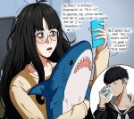  1boy 1girl arashi_(francisco_mon) bags_under_eyes black_hair cellphone english_text francisco_mon glasses holding holding_phone holding_stuffed_toy ikea_shark jimiko long_hair messy_hair mole mole_under_eye open_mouth original phone round_eyewear short_hair smartphone stuffed_animal stuffed_shark stuffed_toy talking_on_phone umi_(francisco_mon) 