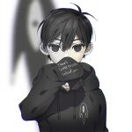  1boy antenna_hair blurry blurry_background clothes_writing commentary_request covered_mouth covering_own_mouth drawstring expressionless film_grain greyscale hand_up hood hood_down hoodie looking_at_viewer male_focus monochrome omori omori_(omori) short_hair simple_background sleeves_past_fingers sleeves_past_wrists solo something_(omori) straight-on toastytoast upper_body white_background 