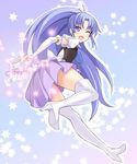  ;d arm_warmers bad_id bad_pixiv_id blue_background boots cure_fortune dansa fortune_tambourine full_body happinesscharge_precure! hikawa_iona long_hair looking_back magical_girl one_eye_closed open_mouth precure purple_eyes purple_hair purple_skirt skirt smile solo star thigh_boots thighhighs very_long_hair white_legwear wide_ponytail zettai_ryouiki 